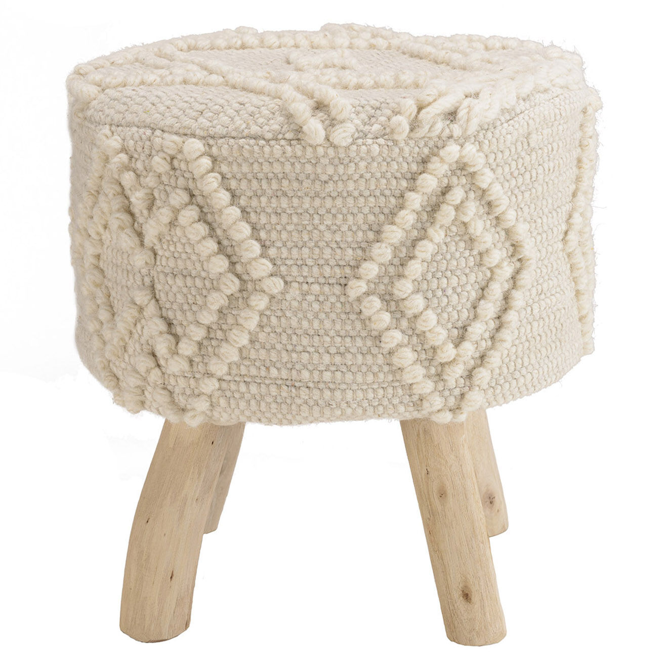 Macabane Tabouret rond en Laine motifs losanges Sacha ivoire - D.40x42 cm