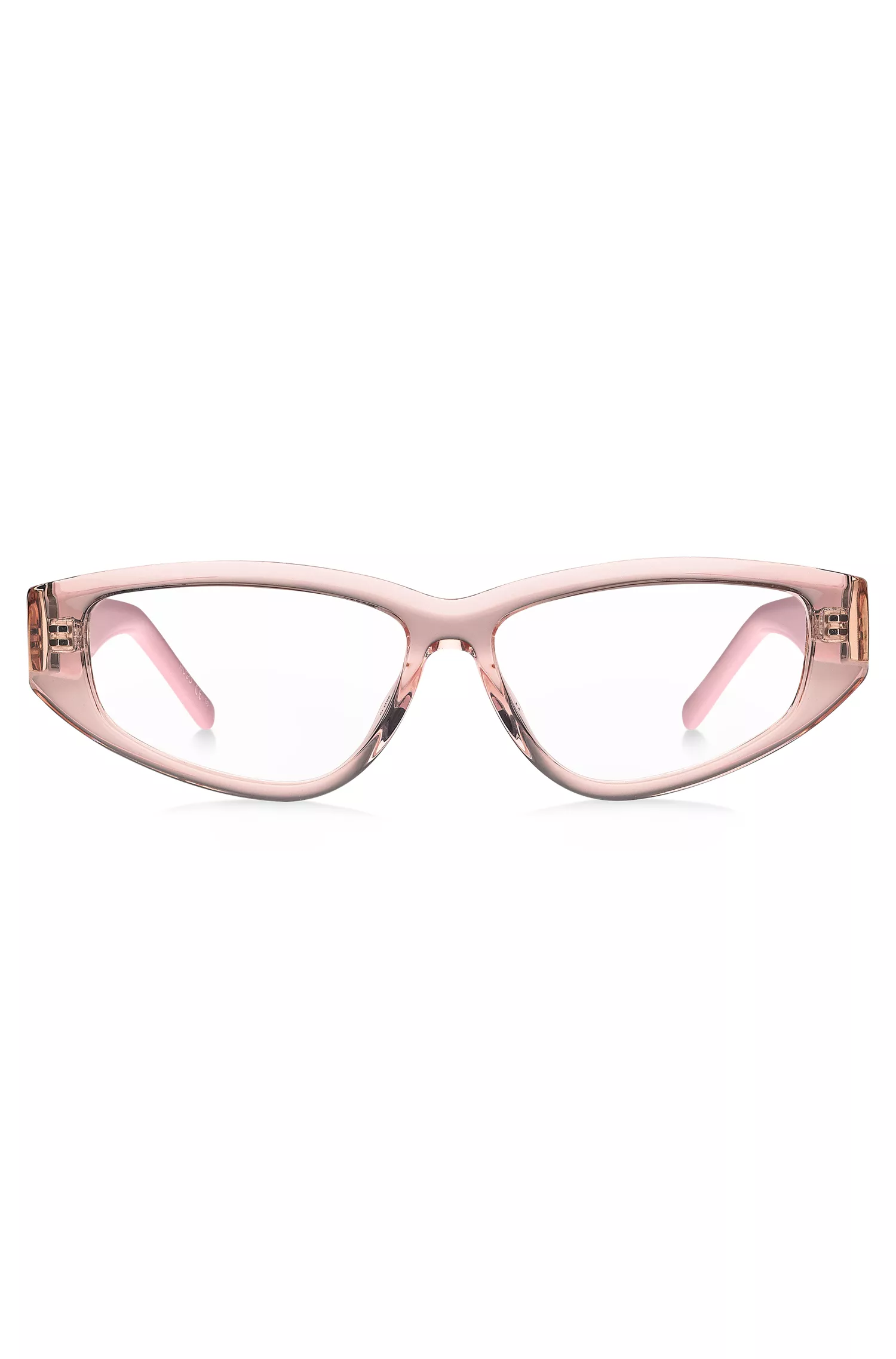 Armação de óculos HUGO em acetato vermelho e rosa com monograma 3D.