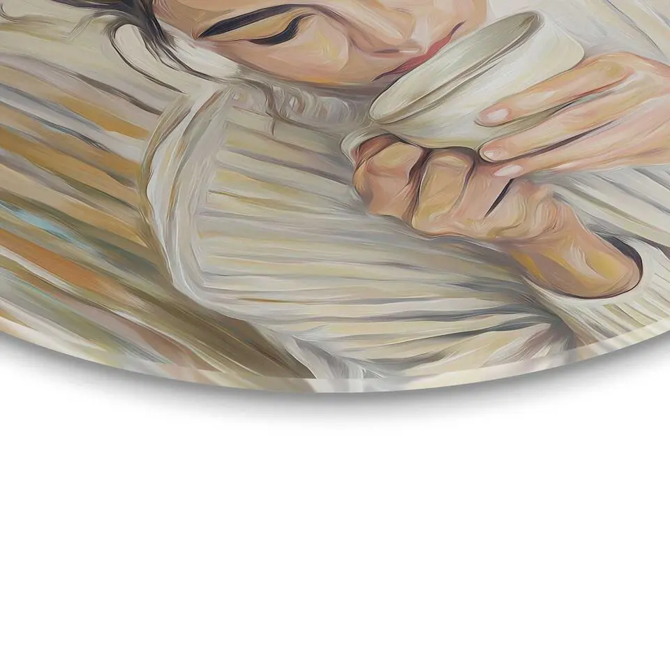 Glasschilderij Koffiepauze - Ø 50cm - Beige
