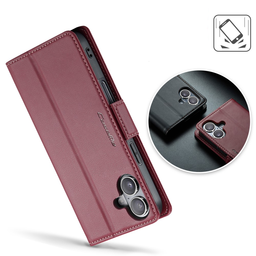 iPhone 16 Leder Tasche Flip Wallet Etui mit Kartenfächern Litchi Look (RFID Schutz) - Rot