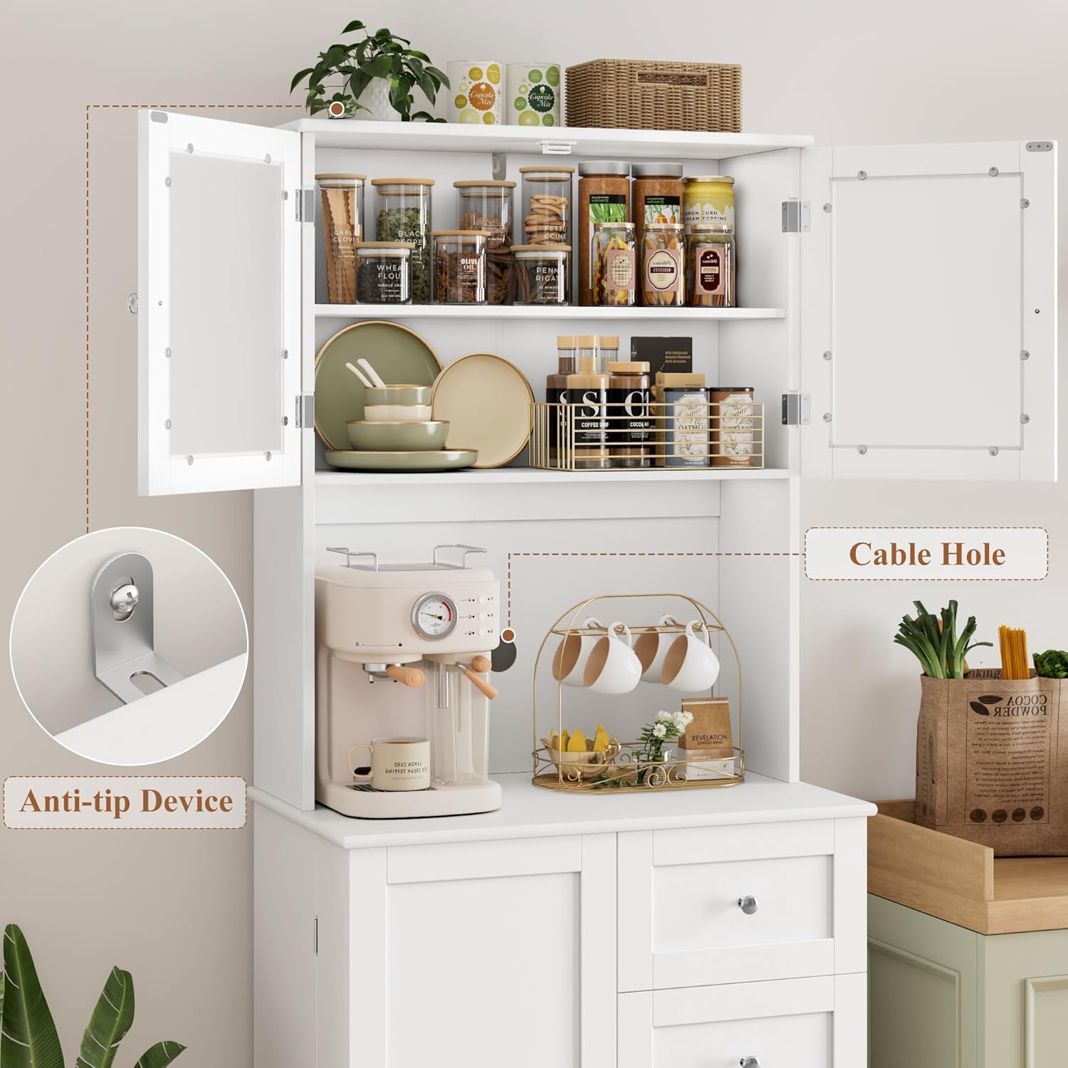 HOCSOK Küchenschrank, 182.5 cm Buffetschrank mit 2 Glastüren, Hochschrank mit 4 Türen und 2 Schubladen, Mehrzweckschrank für Küche, Esszimmer, Wohnzimmer, Weiß