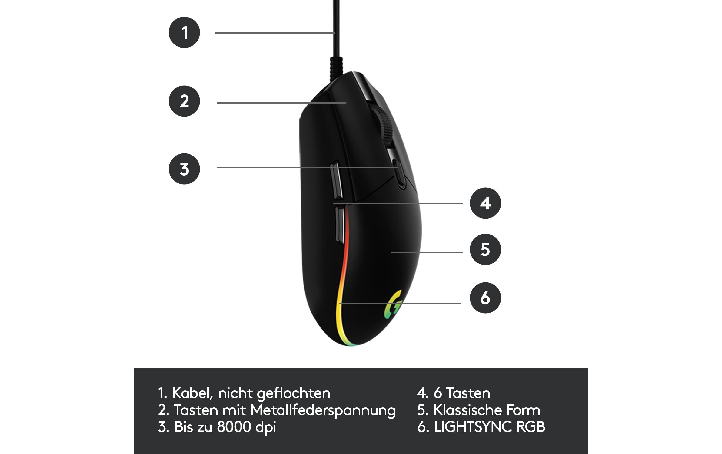 Gaming-Maus G203 Lightsync SchwarzReaktionsschnelle und leichte USB-Gamingmaus