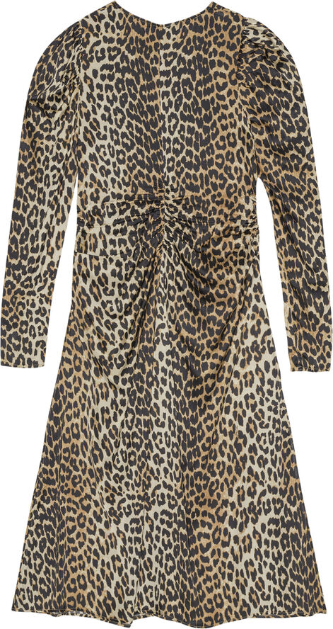 Ganni Printed Satin Ruched Midi Dress Leopard