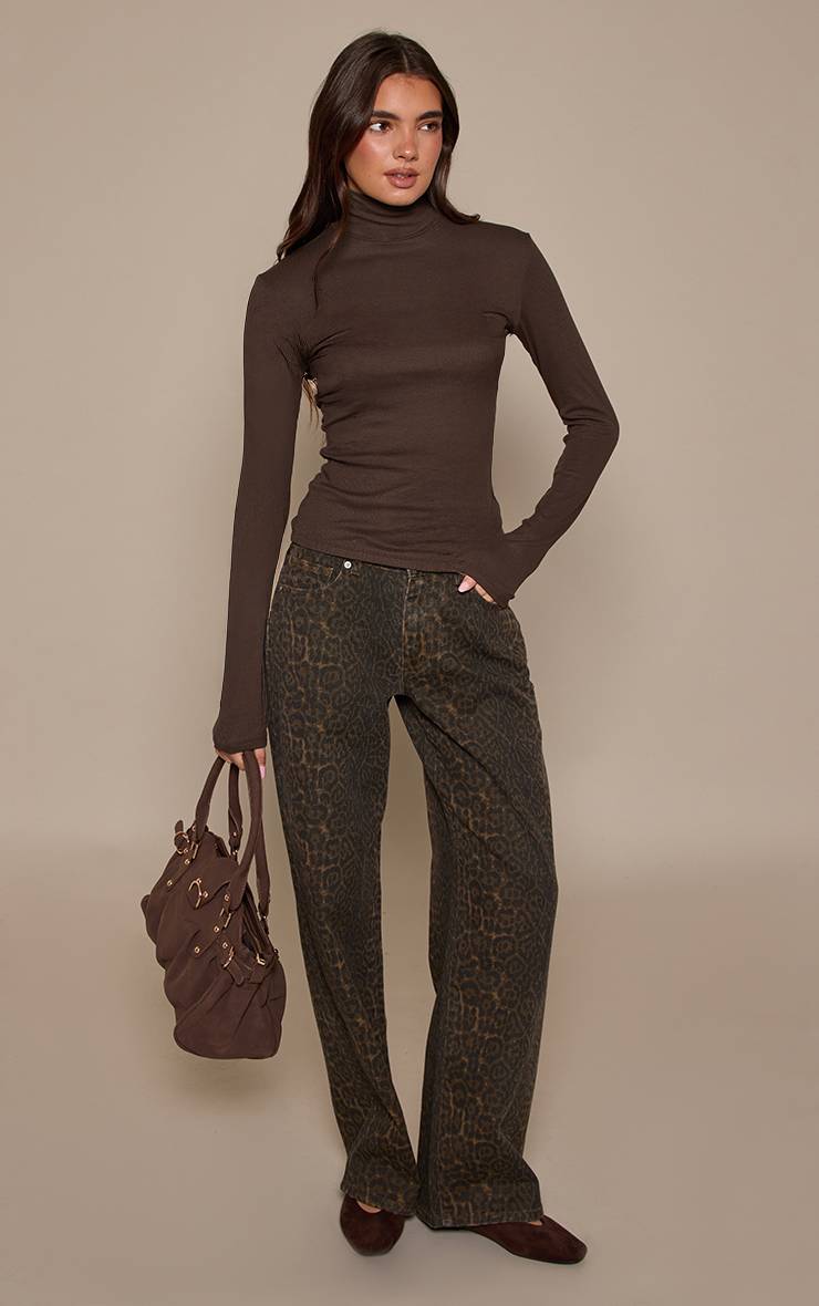 Marron Jean Large Taille Mi-haute Imprimé Léopard