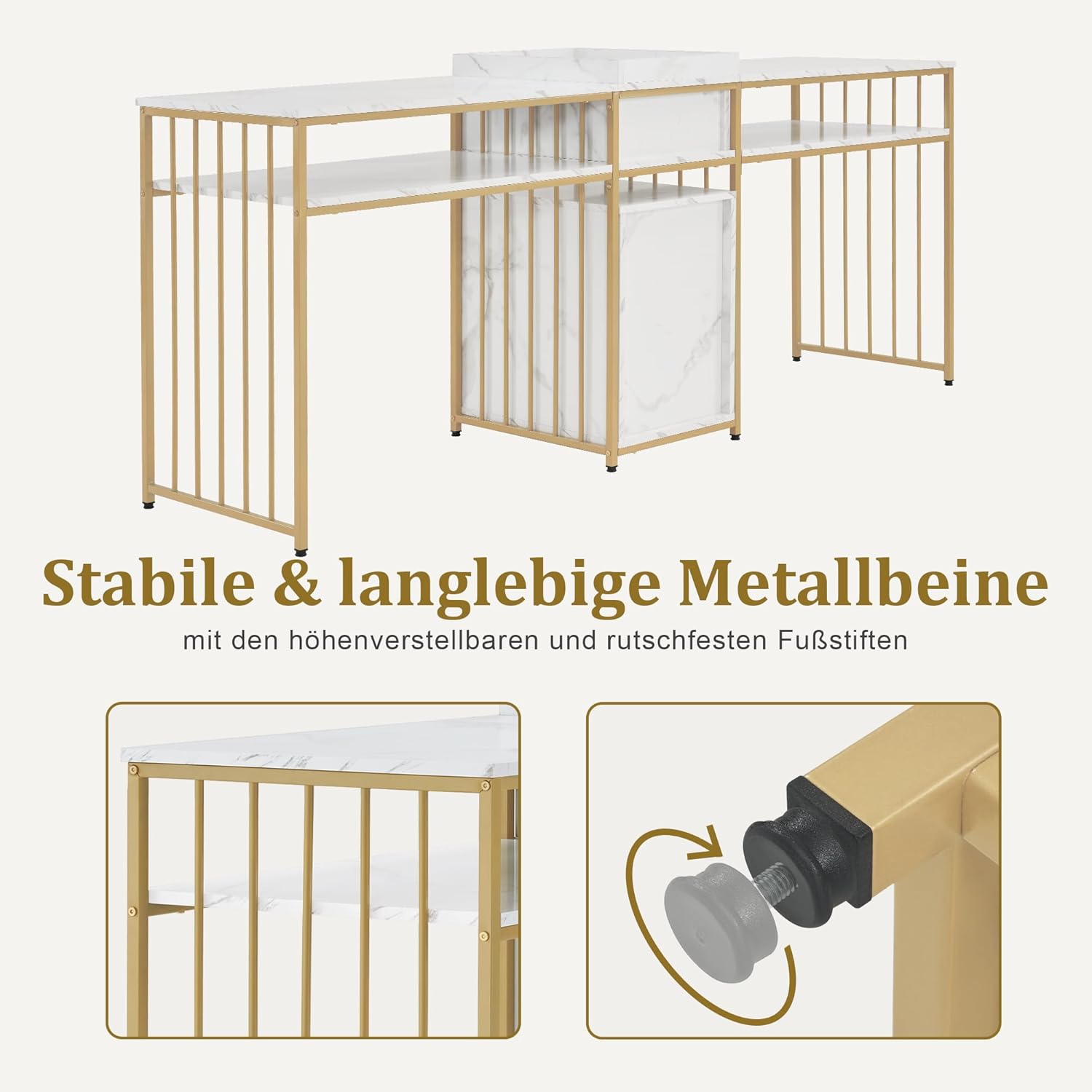 M MCombo Doppelnageltisch mit Schubladen, Schreibtisch mit Regal, Manikürtisch, Schminktisch ohne Spiegel Wohnzimmer Modern, Marmor-Weiß Gold, 50 x 200 x 86cm, 2413