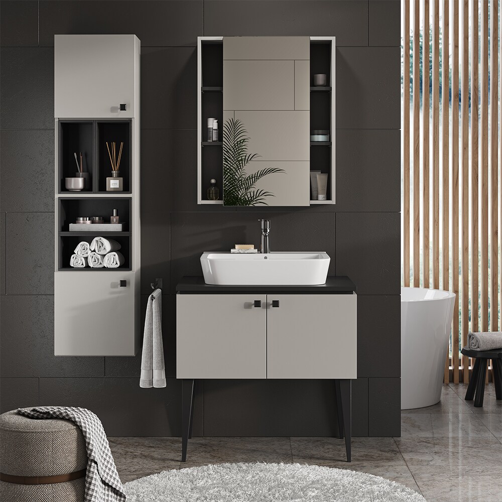 Vicco Hängeschrank Gerta, 37,5 x 150 cm, Grau-Schwarz, Badmöbel mit 2 Türen