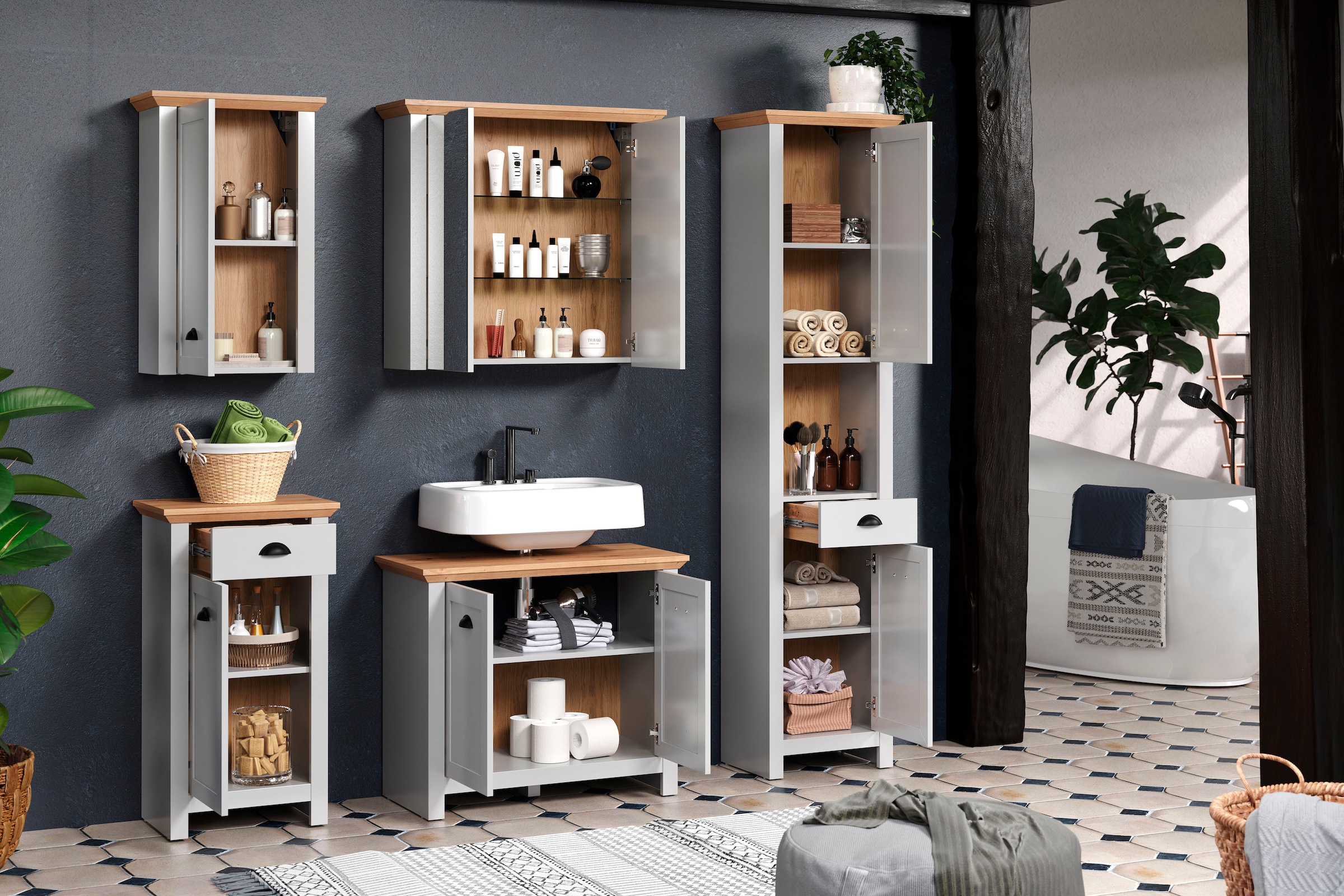 Home affaire Badkommode Unterschrank mit Muschelgriffen im Landhausstil - (B/T/H) 46/33/84 cm