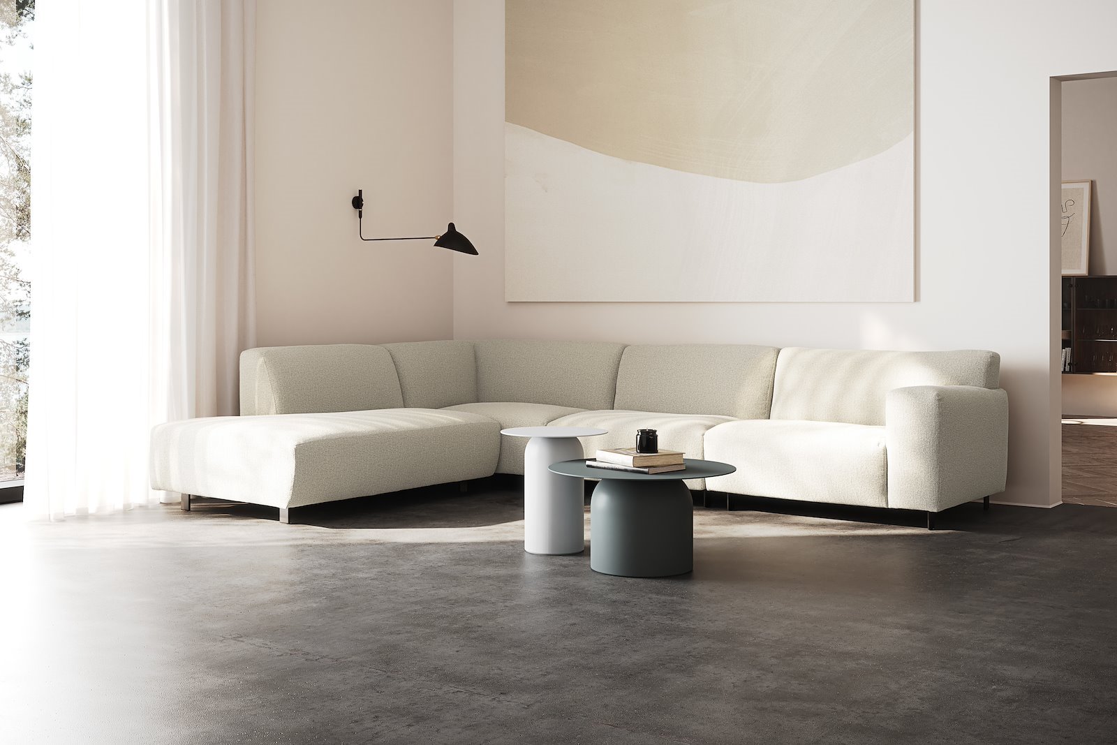 Vesta hjørnesofa 3-seter med åpen ende venstre, Big hjørnemodul, Tekstil Marsel Beige, standardsøm, sort metallben 10 cm, Comfort CM