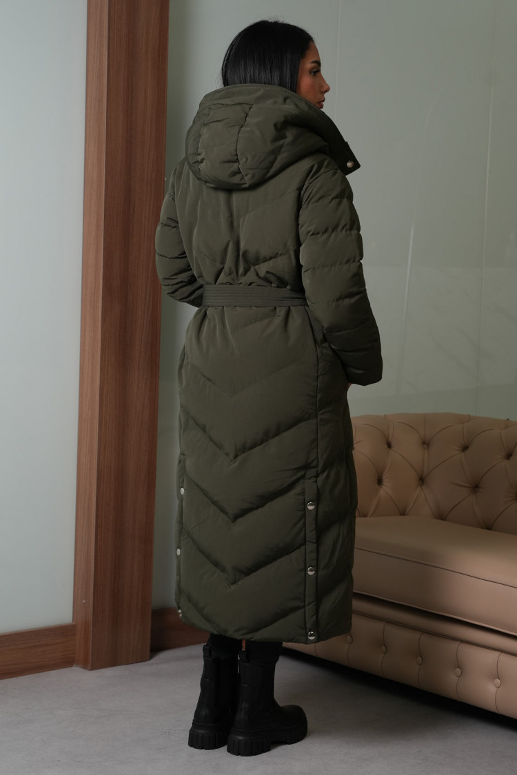 Doudoune kaki longue matelassée et ceinturée