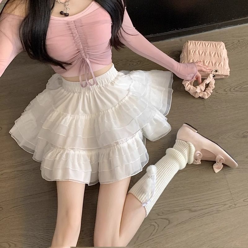 Guromo - Balletcore elastische taille effen gelaagde mesh mini A-lijn rok