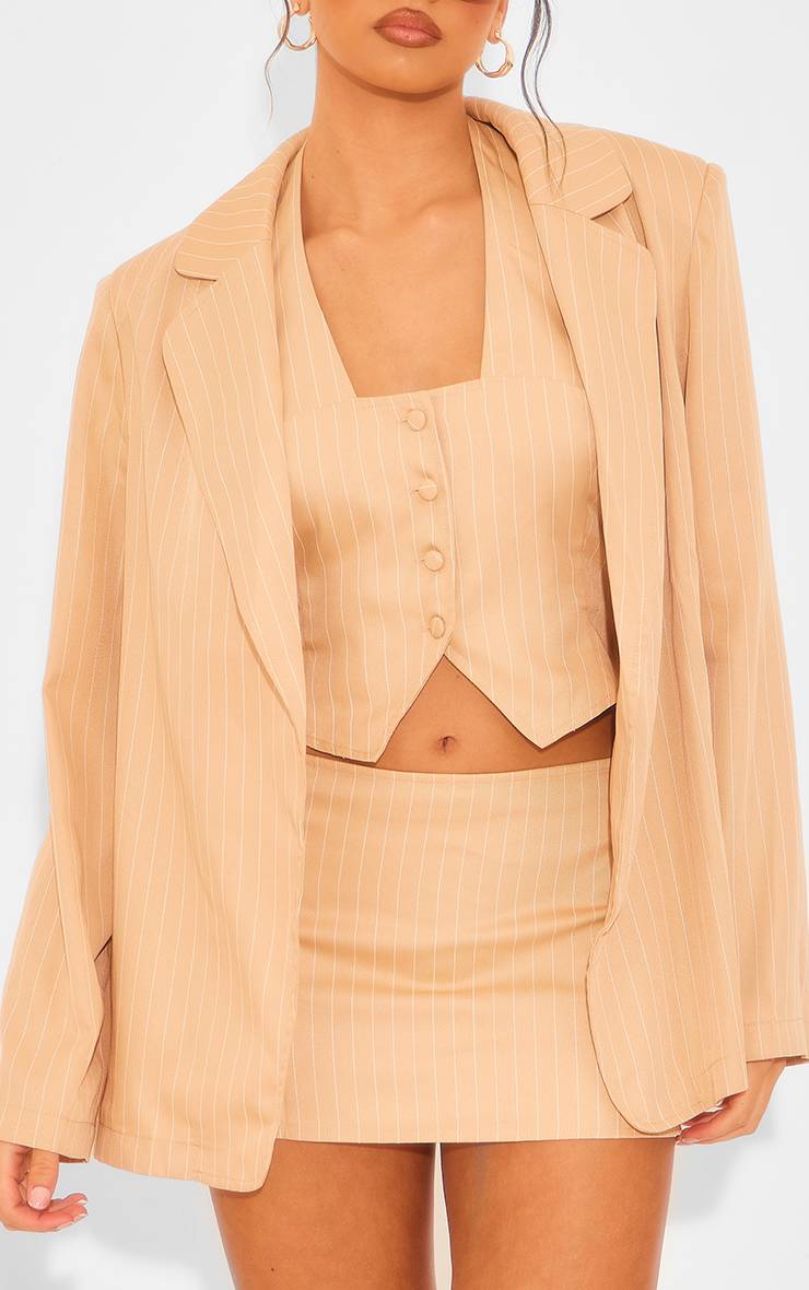 Taupe Blazer Dad Oversize À Fines Rayures Tissées