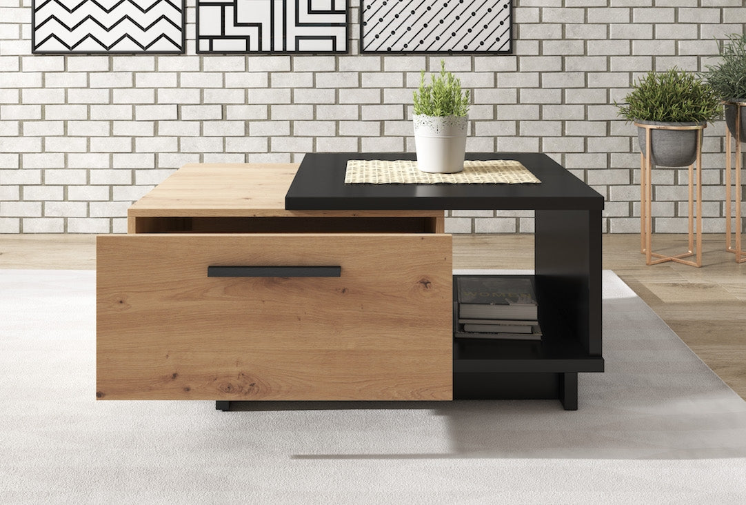 Incala - Salontafel 2 lades - Eiken/zwart - 90x60x40 cm