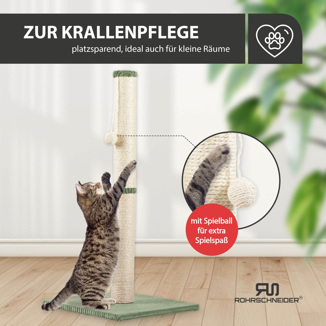 Rohrschneider ® Kratzbaum L, mit Katzenspielzeug, Bodenplatte mit Cordbezug