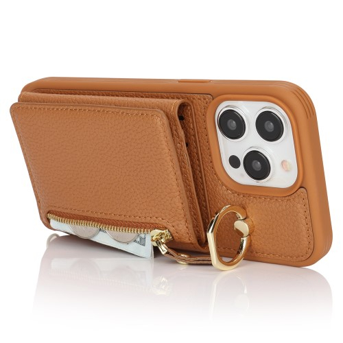iPhone 14 Pro Necklace Leder Hülle mit Münzfach und Kartenfächer   Finger Griff Halterung   Handykette - Braun
