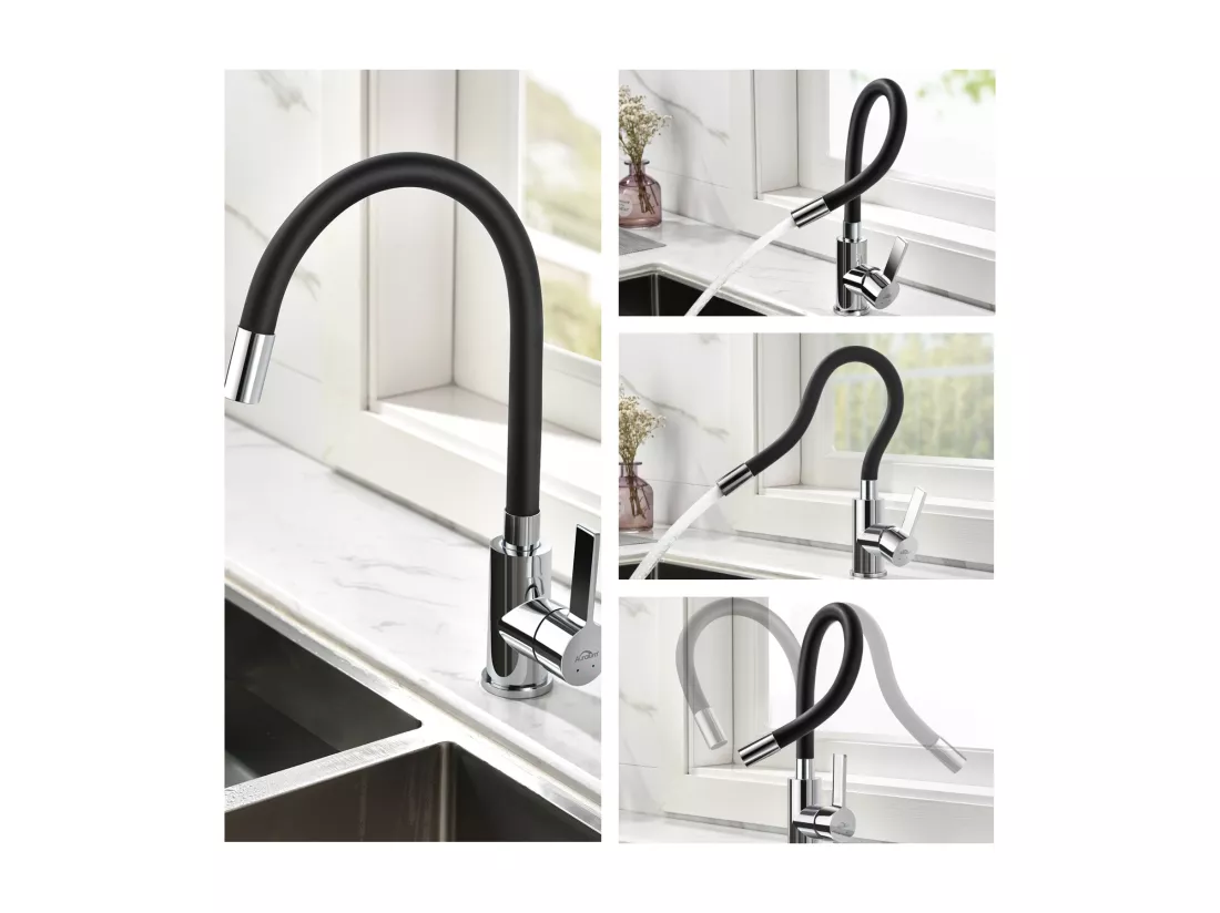 Mitigeur Cuisine Noir Flexible Bec Haut Orientable Librement Robinet Évier Laiton Mémoire de Forme Robinet Evier Monotrou Eau Chaude/ Froide