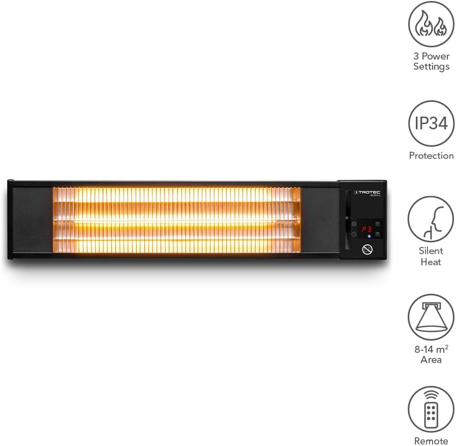 TROTEC Terassenheizstrahler Infrarot IR 2010 S – Heizleistung 650 W / 1350 W / 2000 W – Standgerät, Wandmontage, inkl. Fernbedienung