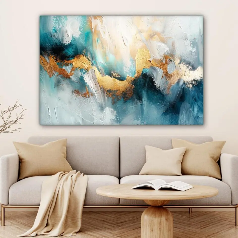 MuchoWow Canvas Schilderij 120x80cm Abstract Kunst Gold Blauw