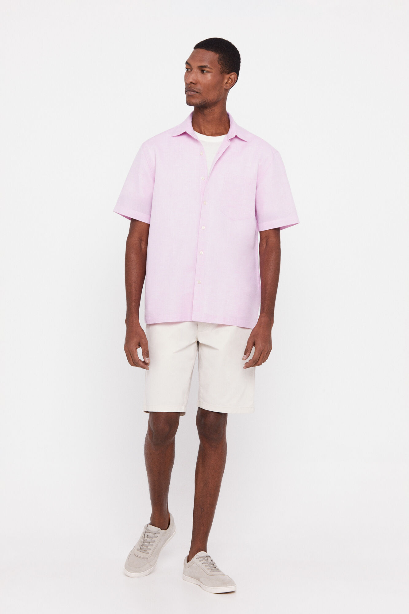 Camisa lisa de linho e algodão de manga curta - Rosa