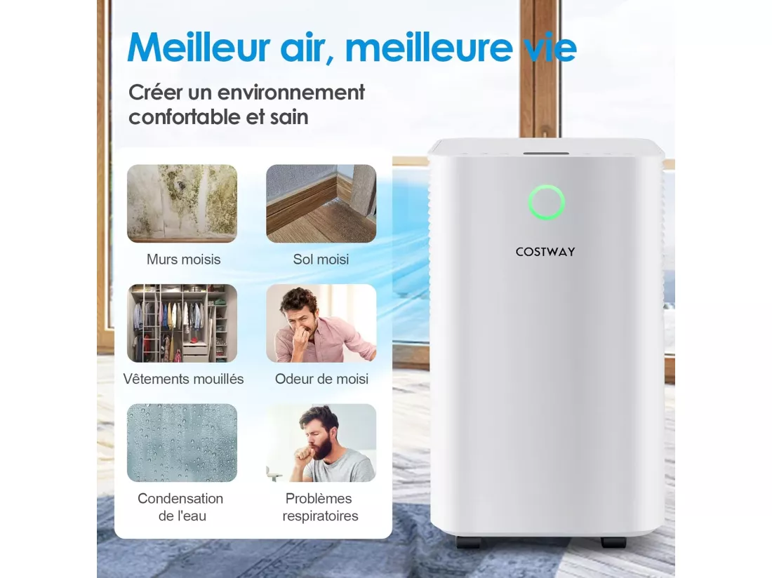 Déshumidificateur 14L/Jour Réservoir d'Eau 2L Minuterie 24H 3 Modes 2 Vitesses Dégivrage Automatique Pièces jusqu'à 15 m²