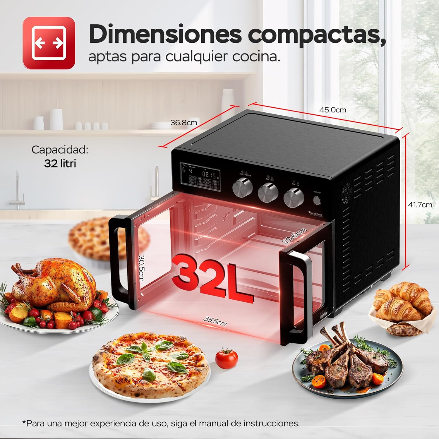 TurboTronic Mini Backofen - 4in1 Heißluftofen und Heißluftfritteuse XXL Version 32L inkl. Drehspieß & viel Zubehör, Dörrgerät ab 25°C & Grill, Airfryer, kleine Mini Tisch Back Pizzaofen (schwarz)