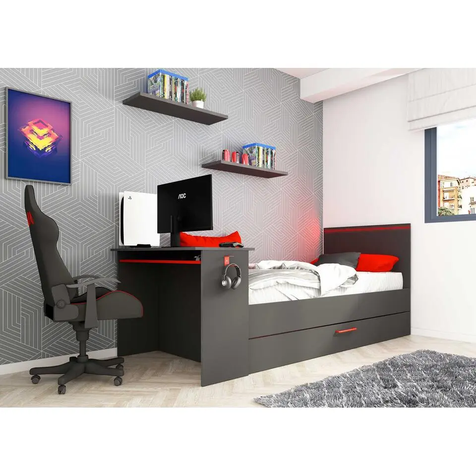 Bed Bzone 90x200 cm met bedlade, bureau en ledverlichting - antraciet
