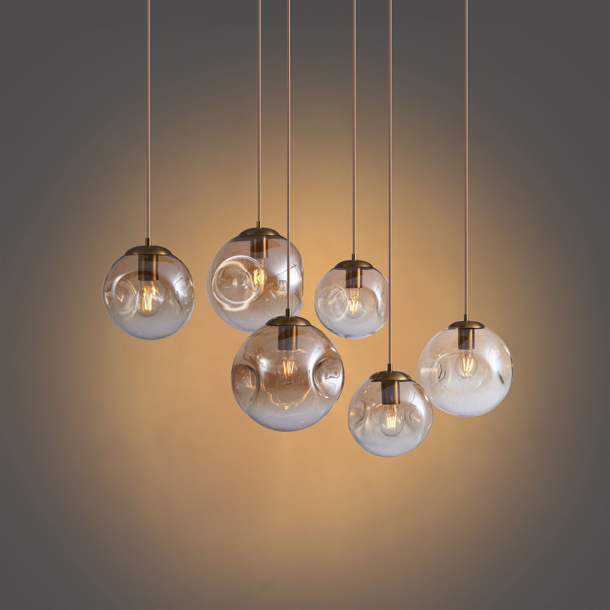 Art deco hanglamp messing met ovale plafondplaat en amber glas 6-lichts - Douglass
