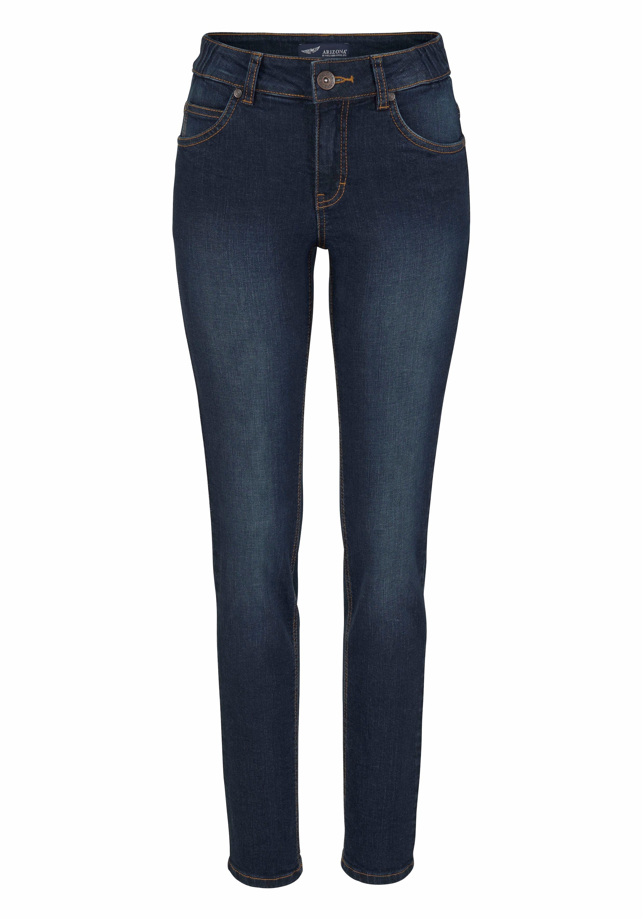 Arizona Slim-fit-Jeans »Bund mit seitlichem Gummizugeinsatz«, schmale Passform,  Röhrenjeans,  Used-Waschung,  hohe Leibhöhe