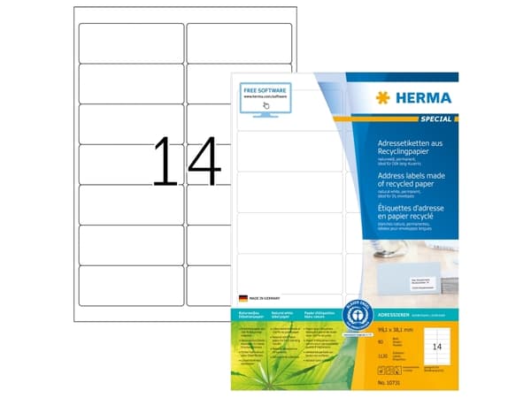HERMA 10731, Hvit, Selvklebende skriveretikett, Utstanset etikett, A4, Papir, Laser/Blekkskriver