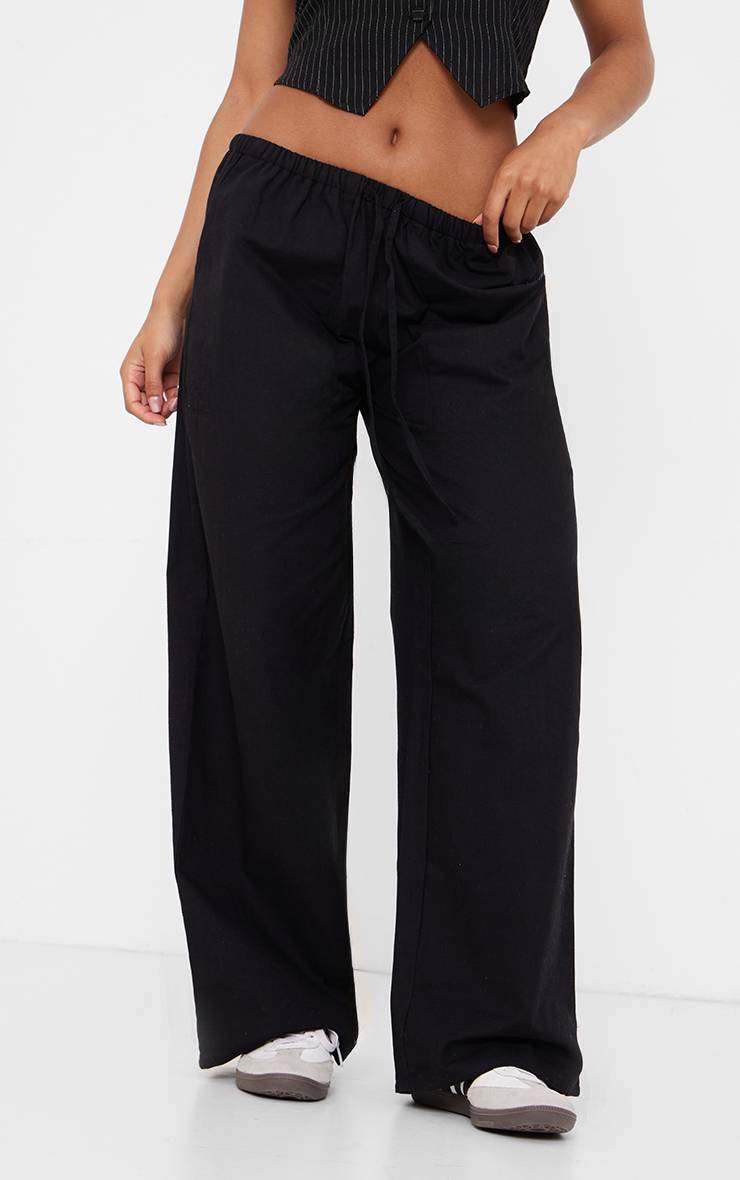Noir Pantalon En Lin À Taille Coulissée