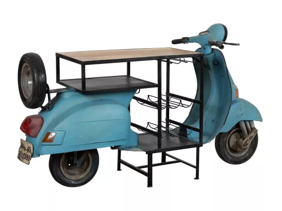 Bar à vin moto Vespa en bois et métal bleu 180x66x110h
