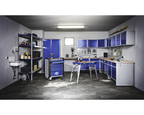 Industriële werkbank A 4.0, 1180 x 880 x 700 mm, 1 deur, 9 laden, grijs/blauw
