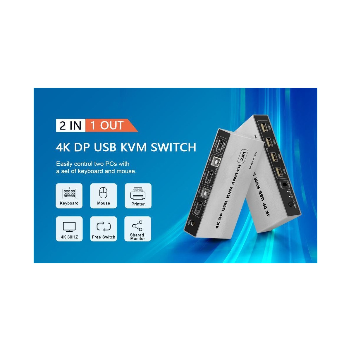 NÖRDIC KVM Switch 2 PC til 1 DisplayPort 1.2 4K60Hz og 4x USB-port HDCP 2.2