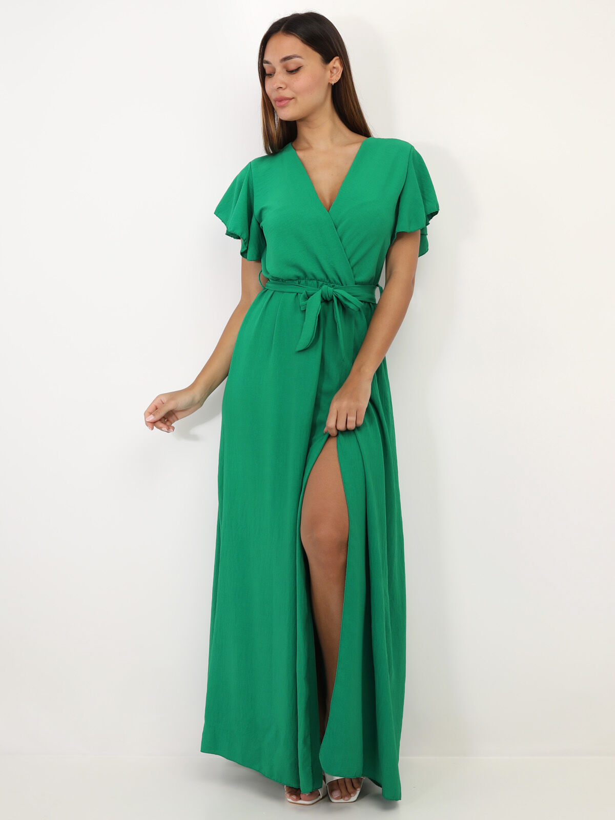 Robe longue fendue à col cache coeur- Vert