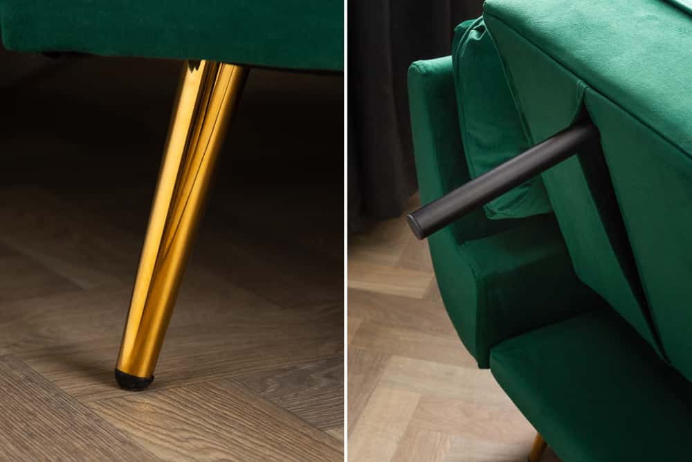 Retro Schlafsofa BOUTIQUE 215cm smaragdgrün Samt 3-Sitzer mit goldenen Füßen