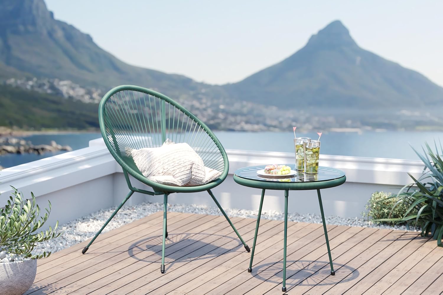 Kare Design Gartenmöbel Set Acapulco Mono, 2er Set, Grün, Indoor und Outdoor Sitzgruppe im Retro-Design, Sessel mit Beistelltisch, Lounge-Möbel für Balkon, Terrasse, Grünes Stahlgestell, Glas