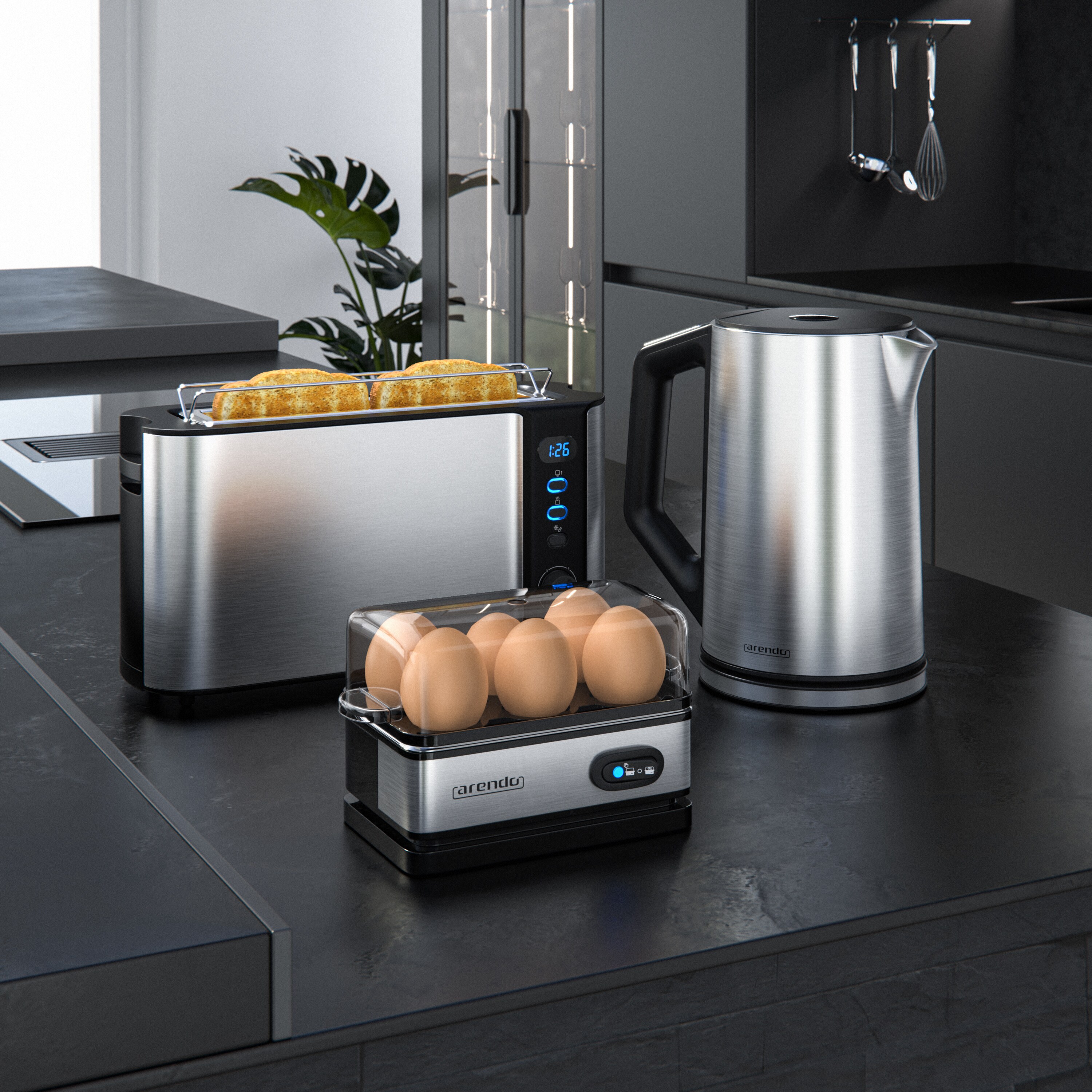 Arendo Frühstücksset 3-teilig, 2-Scheiben Toaster, 6er Eierkocher, Wasserkocher 1,5L, Silber