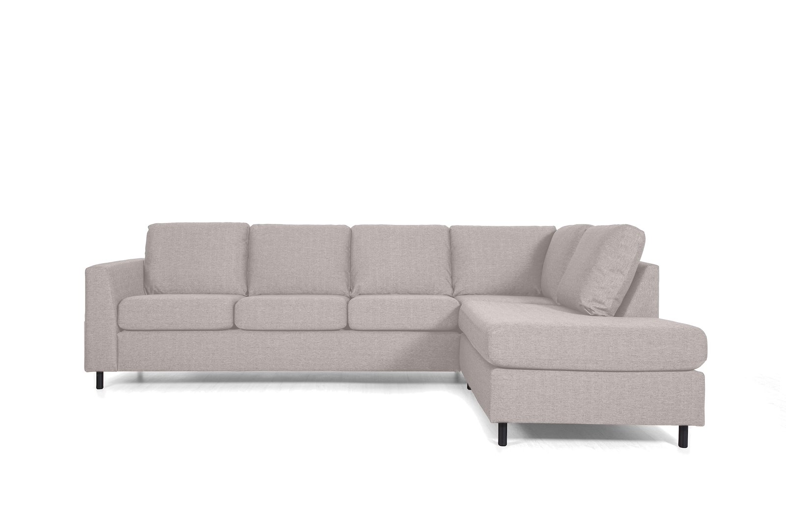 Oslo hjørnesofa 3-seter med åpen ende høyre. Tekstil Hygge 11 beige med sorte ben