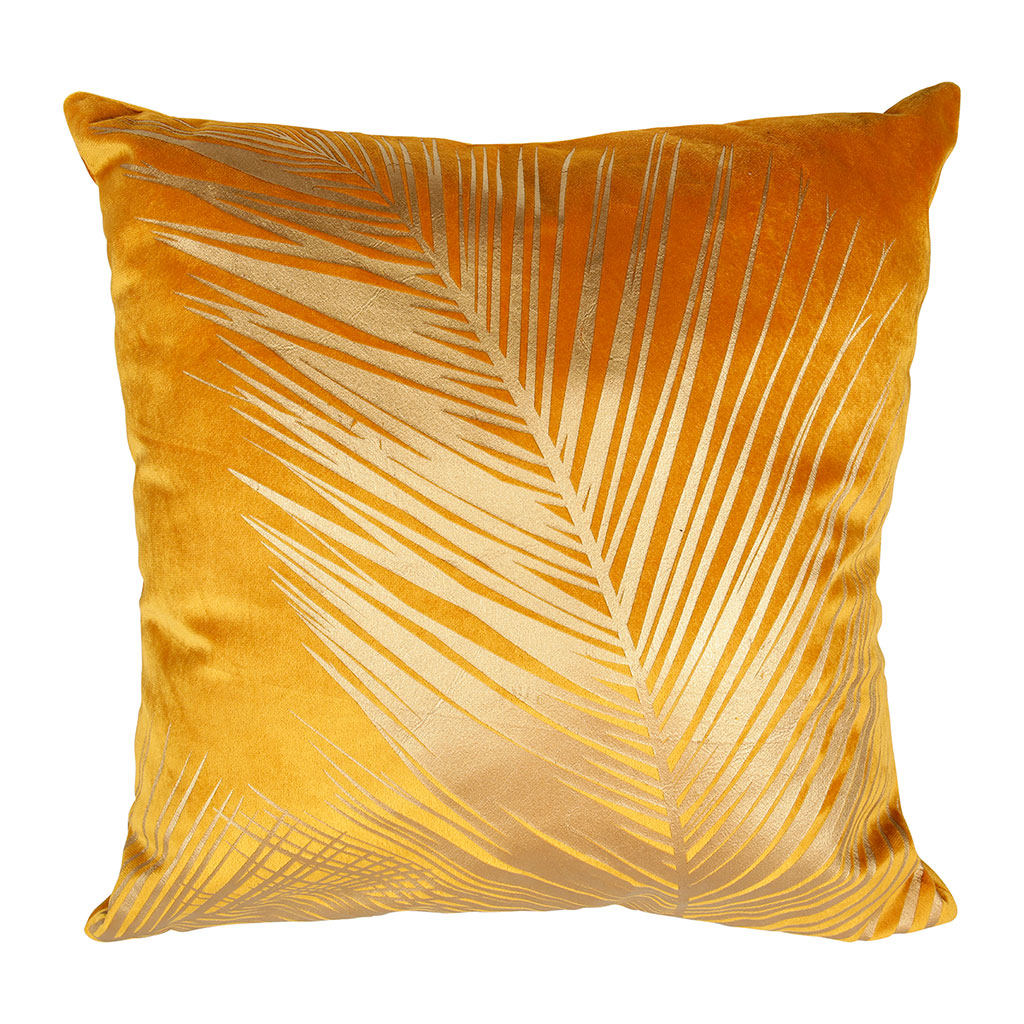Coussin velours palmiers jaune et doré 40x40cm