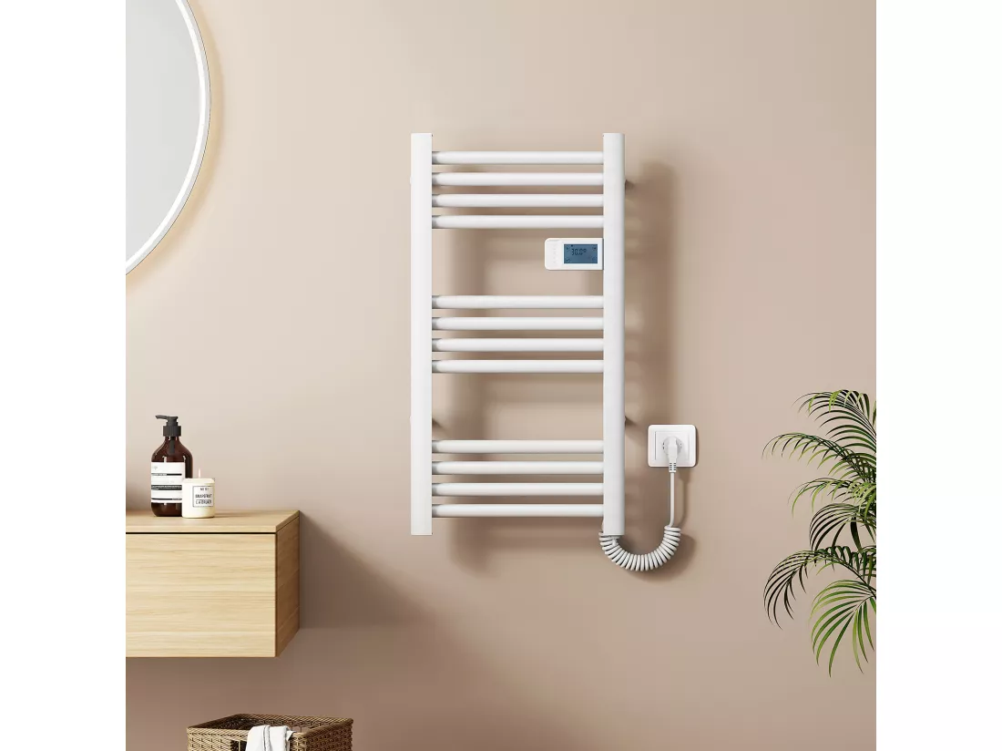 EMKE Sèche-Serviettes Électrique 750 x 400 mm, Porte-serviettes de salle de bain électrique avec interrupteur tactile et minuterie, Blanc, 180W