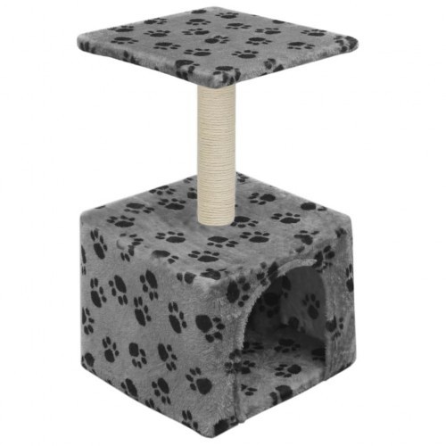 Arranhador para gatos, cinza, com pegadas de patas.