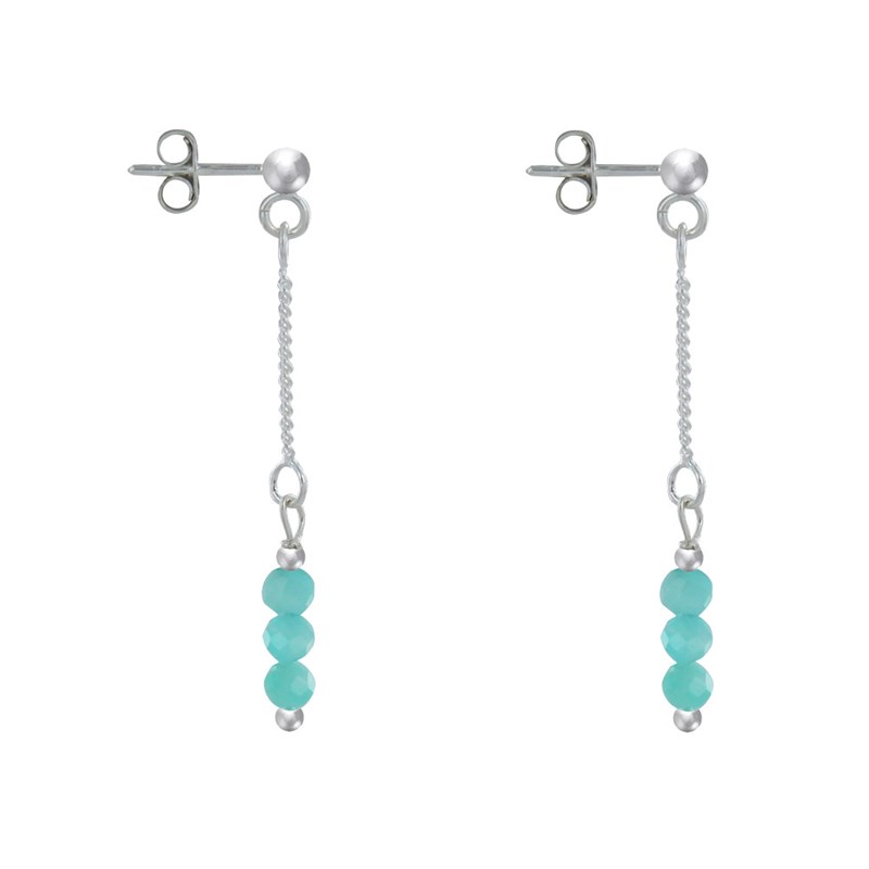 Boucles d'Oreilles Argent Chainette 3 Perles Facettées d'Amazonite