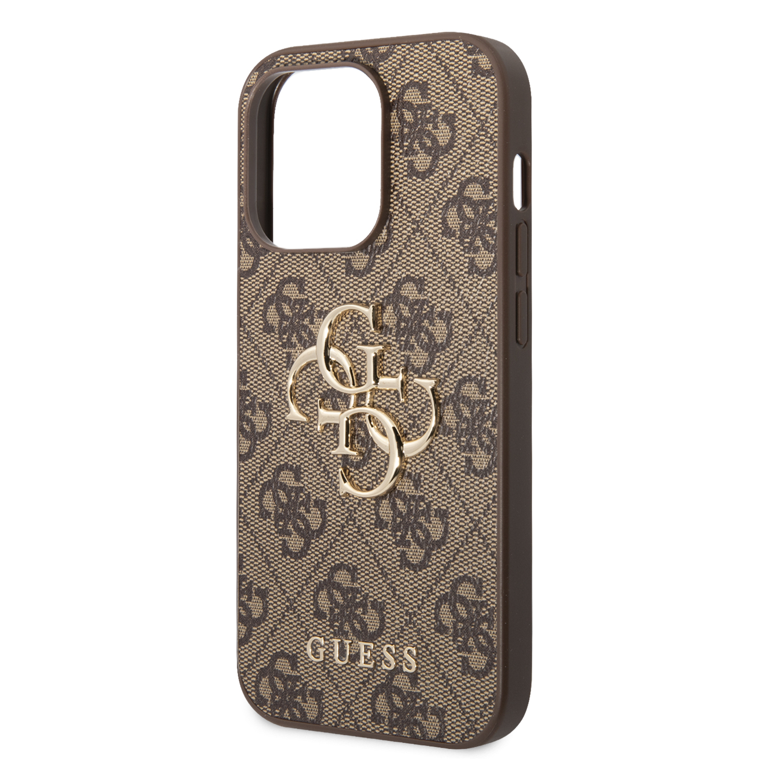 iPhone 14 Pro Leder Hardcase Hülle Metall Logo (GUHCP14L4GMGBR) - Braun / Gold