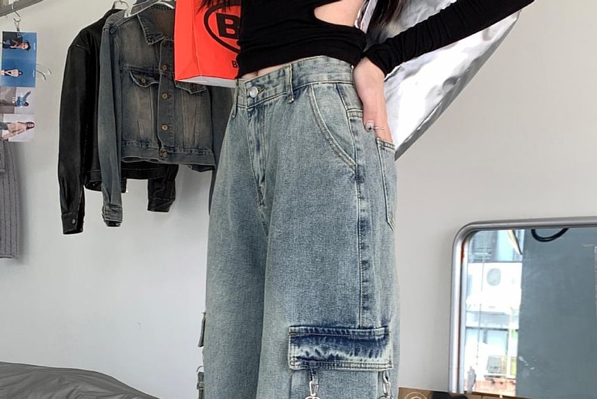 Kenning - Mid Rise Washed Wide Leg Cargo Jeans