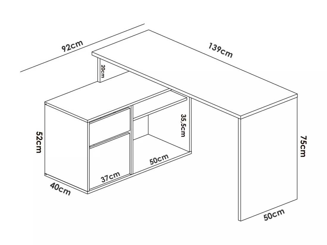 Bureau Gardena, Bureau multi-positions pour le bureau ou la chambre, Table d'étude d'angle polyvalente, 139x92h75 cm, Blanc