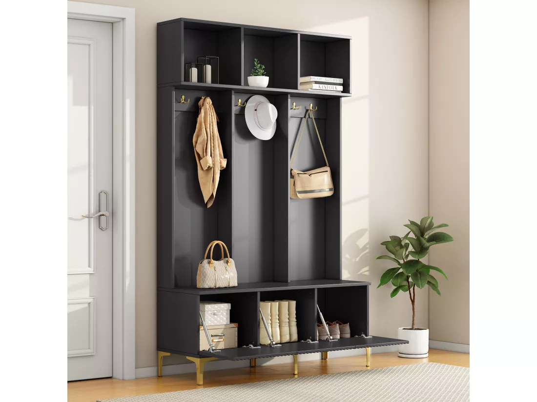 Vestiaire avec banc, 3 portes et porte-manteau - 120 x 23.5 x 191.5 - Panneau de particules - Coloris noir