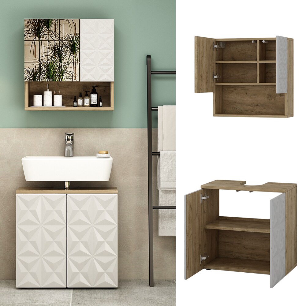 Vicco Badmöbel-Set Badezimmer-Möbel Bad-Schrank Edge Eiche Weiß modern Badezimmerschrank Waschbeckenunterschrank Spiegelschrank Badezimmerkommode