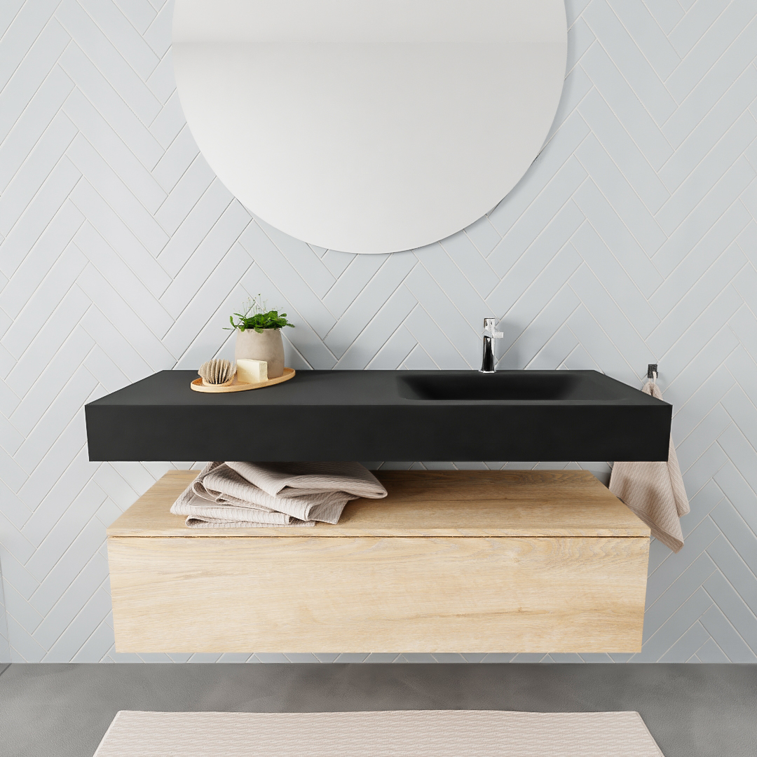 Zaro ALAN vrijhangende wastafel 120cm met wasbak Enkel rechts en onderkast in kleur washed oak 1 lade(s)