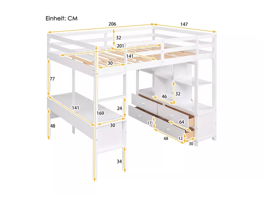 Lit mezzanine 140x200cm pour enfant - lit surélevé avec tiroirs de rangement, bureau et bibliothèque de rangement sous le lit - blanc