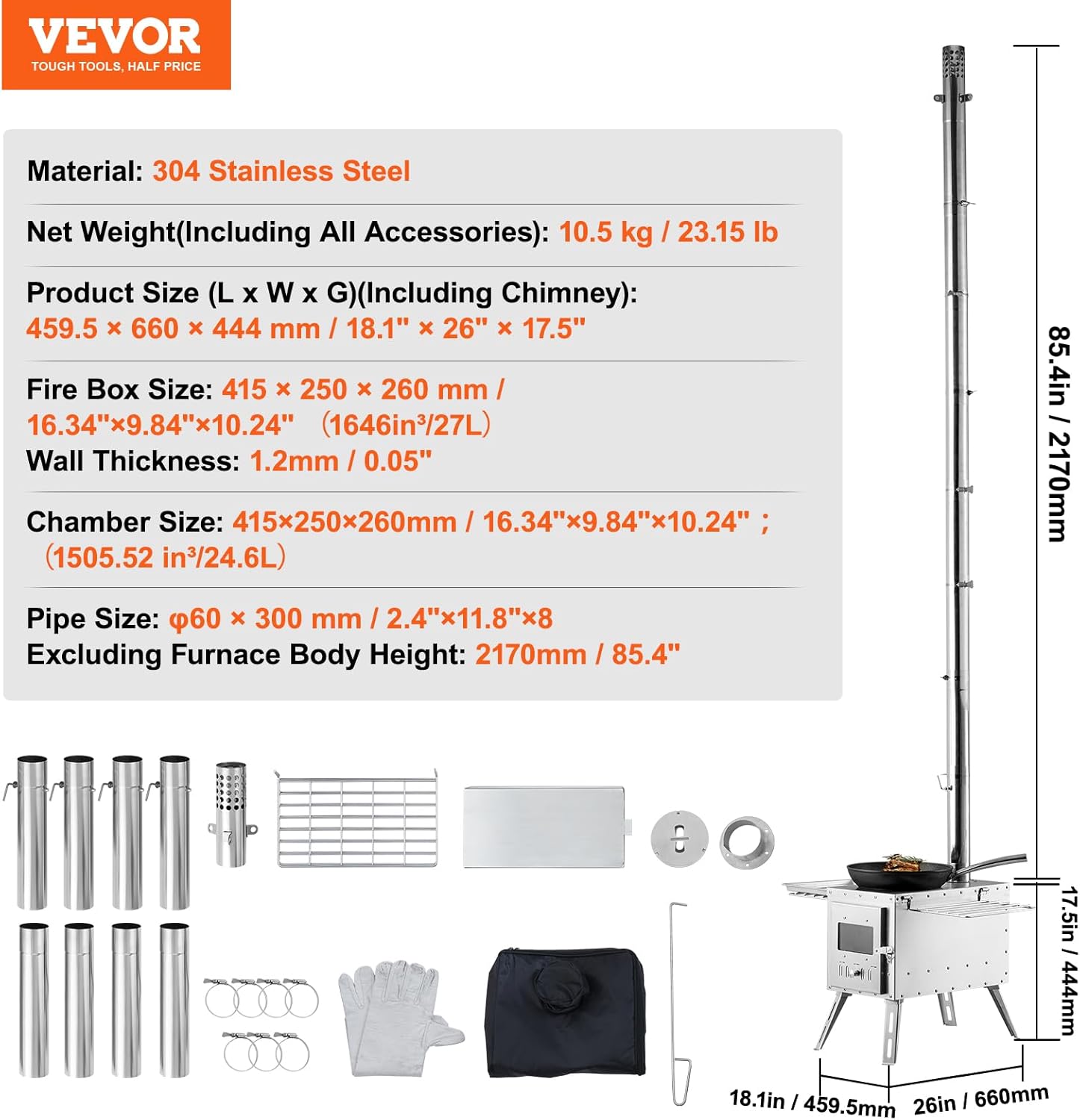 VEVOR Holzofen, 590 x 790 x 2620 m, Zeltofen aus Edelstahl, tragbarer Holzofen mit Kaminrohren und Handschuhen, 1646 Kubikzoll großer Feuerraum-Zeltofen zum Kochen und Heizen im Freien mit 8 Rohren