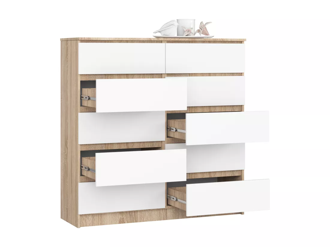Commode AKORD K120 Chêne Sonoma 120 cm 10 tiroirs façade Blanche 120x40x121 cm